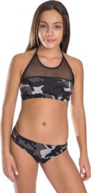 GIRL'S TWO PIECE CAMOUFLAGE BATHING SUIT (Color: Camo, size: XL)